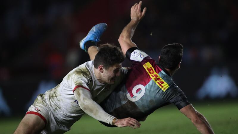 Jacob Stockdale tackles Martin Landajo during Ulster’s win over Harlequins. Photograph: Billy Stickland/Inpho