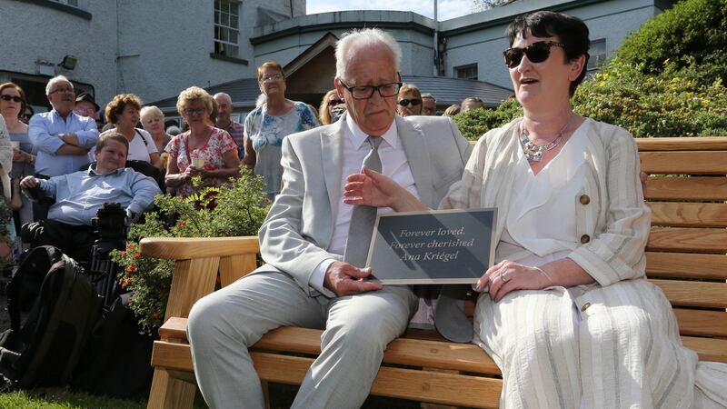 Patric and Geraldine Kriegel at the planting of a tree and the unveiling of bench and plaque in memory of their adopted daughter Ana, in the grounds of the Leixlip Manor Hotel. Photograph: Crispin Rodwell for the Irish Times
