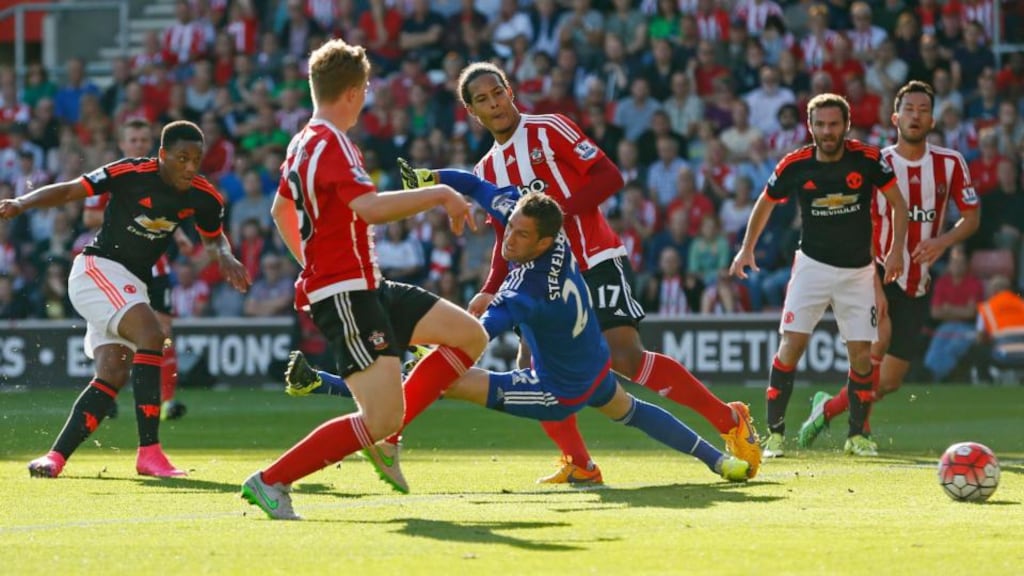 Manchester United striker Anthony Martial scores the first goal of his two goals in the Premier League clash against Southampton at St Mary’s. Photograph: Stefan Wermuth/Reuters/Livepic