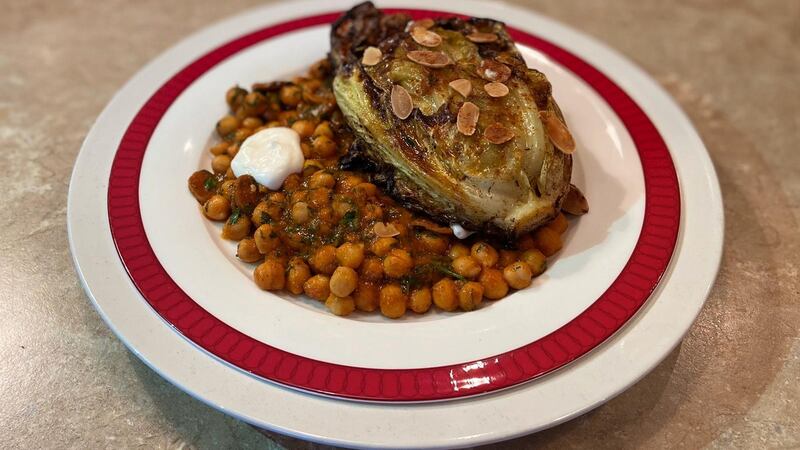 Roast cabbage, chorizo, chickpea and spiced tomato sauce.