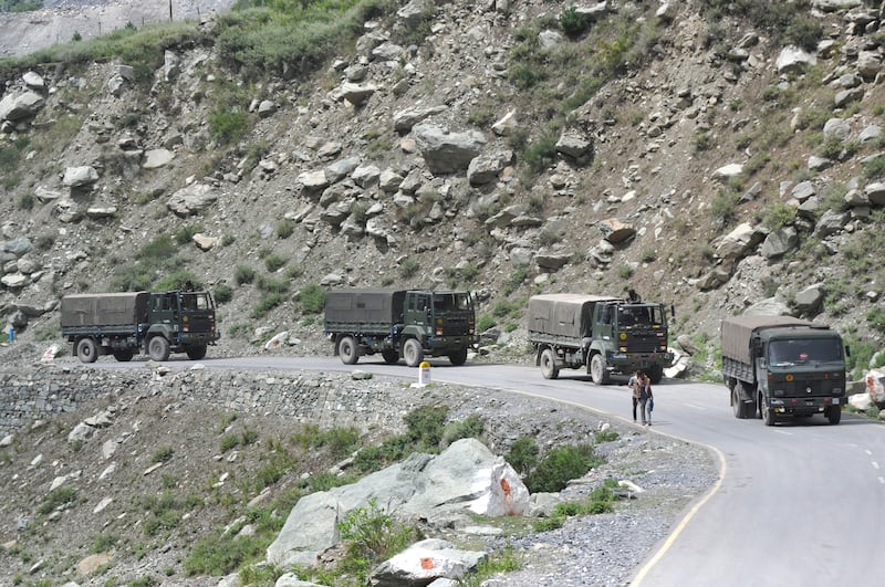 An Indian army convoy heading towards Srinagar in September 2020 in response to military movements by Chinese troops in eastern Ladakh, Photograph: Waseem Andrabi/Hindustan Times via Getty Images