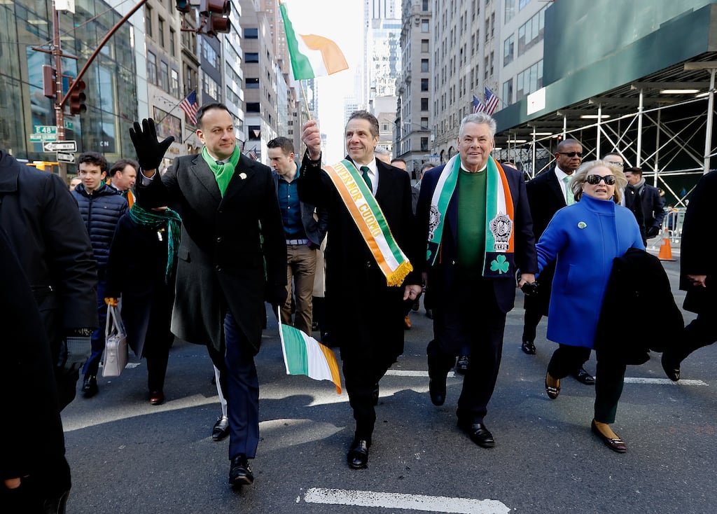 Tánaiste Leo Varadkar, New York Governor Andrew Cuomo and Congressman Peter King attend the 2018 New York City St. Patrick's Day Parade. Photograph: John Lamparski/Getty