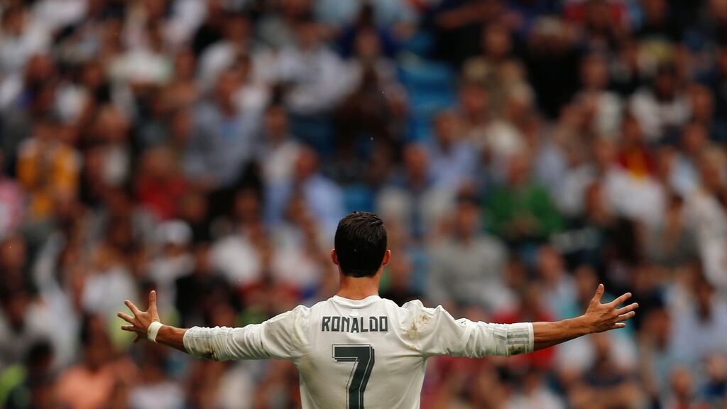 Real Madrid’s Cristiano Ronaldo broke yet another record when he netted his 324th Real Madrid goal to become the club’s all-time top scorer. Photo: Daniel Ochoa de Olza/Reuters