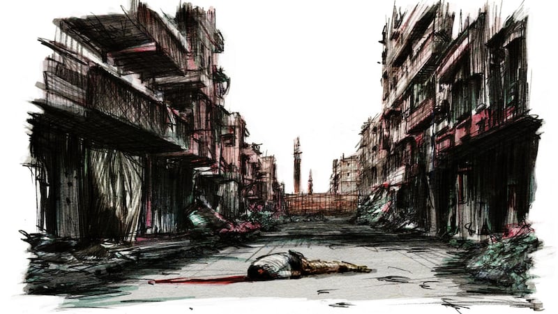 Jalal, the husband of Sameh, lies dead in a street. Sameh, who is 40, is the sole provider for five children and Jalal’s mother. Illustration: Marc Corrigan Jalal, the husband of Sameh, lies dead in a street. Sameh, who is 40, is the sole provider for five children and Jalal’s mother. Illustration: Marc Corrigan