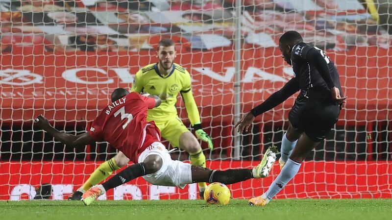 Eric Bailly makes a vital late block during Manchester Unite’d win over Aston Villa. Photograph: Carl Recine/PA