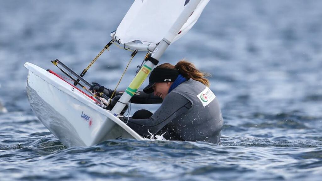 Annalise Murphy in action off Dun Laoghaire yesterday in the Laser European Championships. Photograph: Cathal Noonan/Inpho.