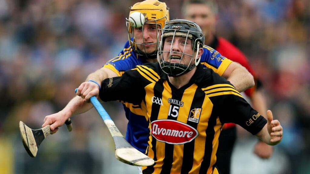 Kilkenny’s Aidan Fogarty and Tipperary’s Shane McGrath during yesterday’s National League final at Nowlan Park. Photograph: Cathall Noonan/Inpho