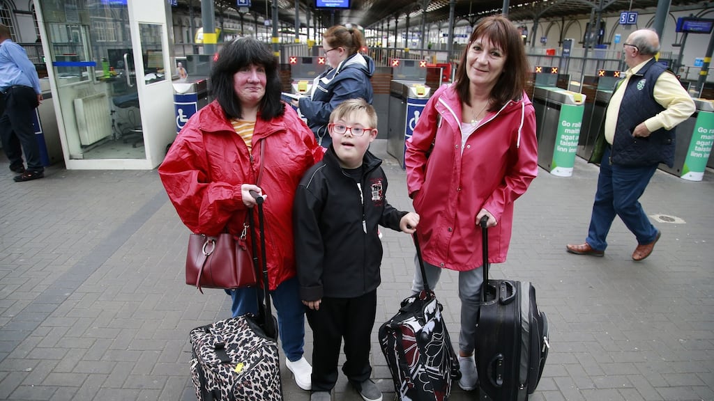 The Webbs: Frances, Jamie and Samantha from Ballyhaunis, Mayo on the platform. Photograph: Nick Bradshaw