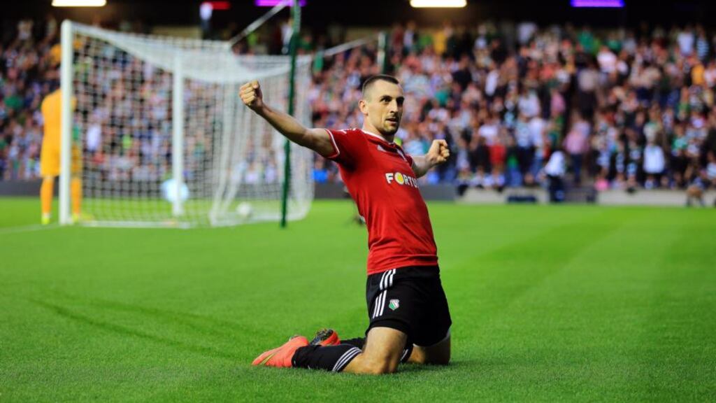 Michal Kucharczyk of Legia Warsaw celebrates after scoring againt Celtic at Murrayfield Stadium. Photograph: EPA