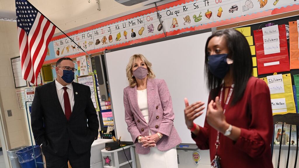 Jill Biden and education secretary Miguel Cardona visit a classroom as they tour Benjamin Franklin Elementary School in Meriden, Connecticut. Photograph: Getty