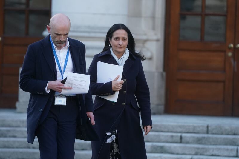 Minister Catherine Martin pictured with Deputy Government Press Secretary Aiden Corkery. Brian Lawless/PA