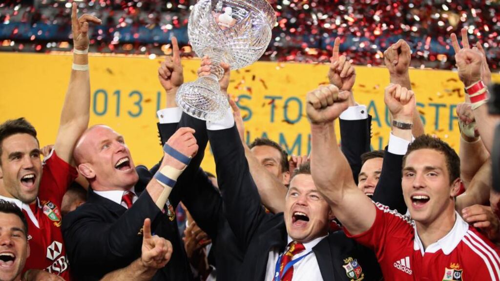 Paul O’Connell and Brian O’Driscoll raise the the Tom Richards Cup after the Lions won the series over Australia in Sydney. Photograph: Photograph: David Rogers/Getty Images