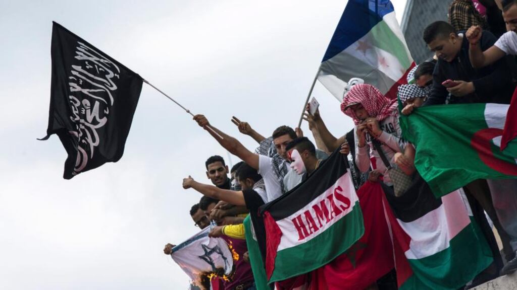 With more than 5,000 people expected to join a march in Amsterdam tomorrow in protest at Israeli shelling of Gaza, a Dutch police spokesman warned last night: “Nazi symbols, Hitler salutes and burning flags will not be tolerated. The same applies to the Isis flag. Demonstrators may not carry it.” Photograph: EPA/Etienne Laurent