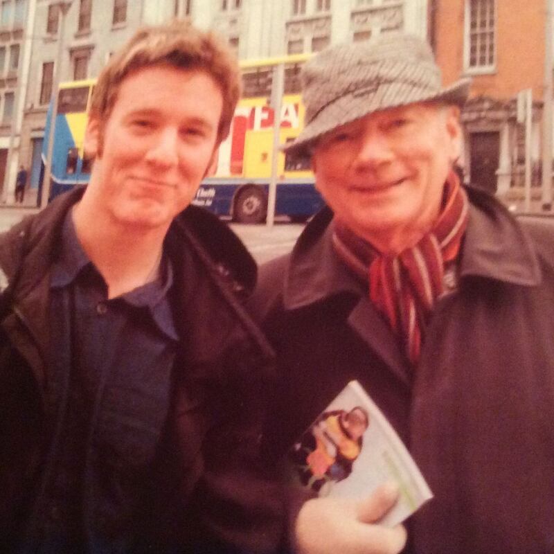 Anne O Neill’s son William with Gay Byrne on O’Connell Street in Dublin