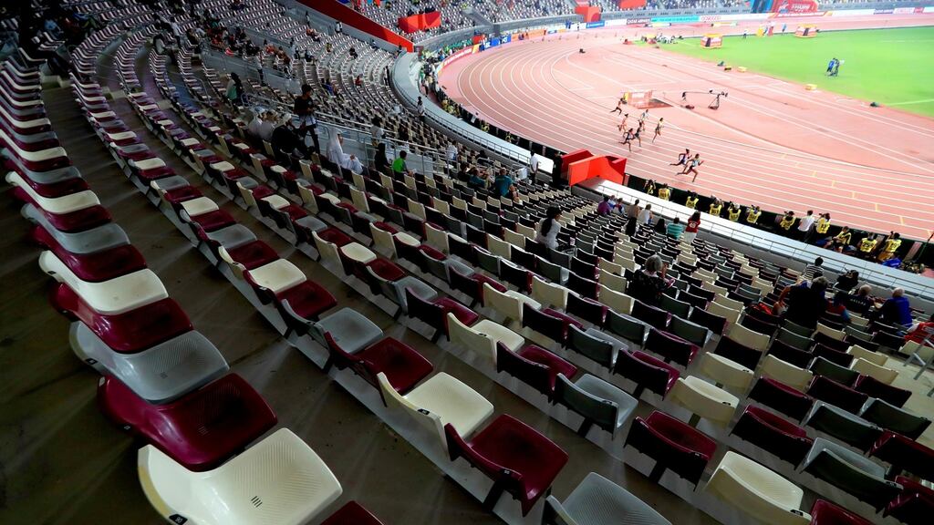 A general view of empty seating in the stadium during the women’s 200 metres heats at the World Championships in Doha on Monday. Photograph: Mike Egerton/PA Wire