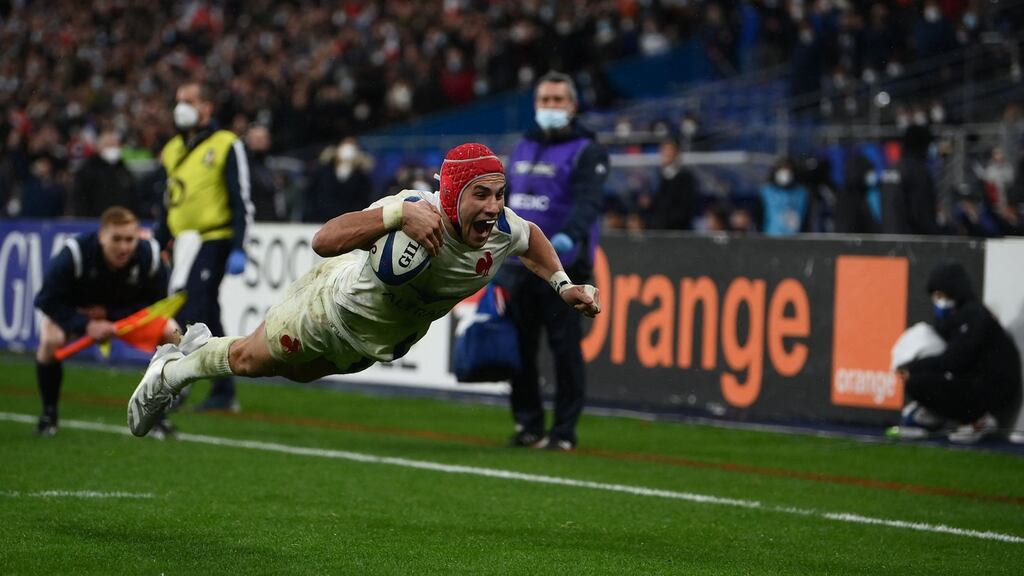 France winger Gabin Villiere dives for his hat-trick score against Italy. Photograph: Franck Fife/Getty/AFP