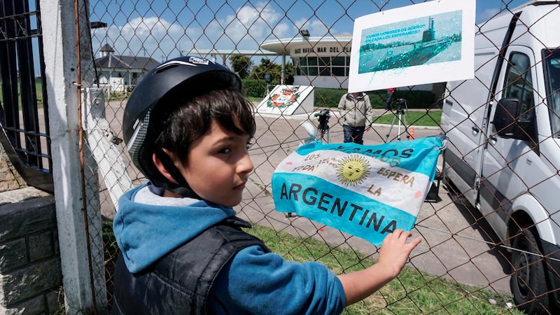 Banners and flags with messages in support of submarine crew members outside Argentina’s navy base in Mar del Plata, on the Atlantic coast south of Buenos Aires. Photograph: Eitan Abramovich/AFP/Getty Images
