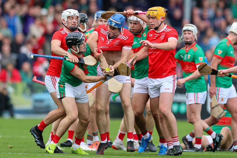 Tempers flare during the Clare SHC Final in Ennis. Photograph: Natasha Barton/Inpho