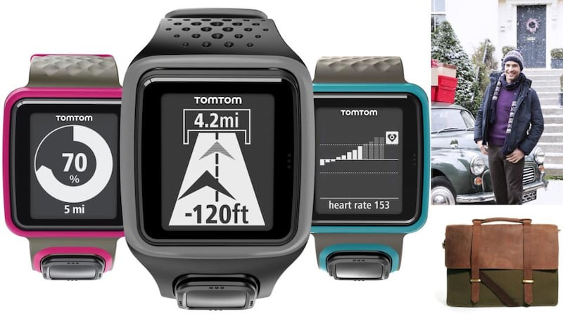 TomTom multi-sport GPS watch, €199 from Harvey Norman (harveynorman.ie); navy rib collar jacket from Heatons, €39.50; Asos’s canvas and leather satchel, €54.80 at Asos.com