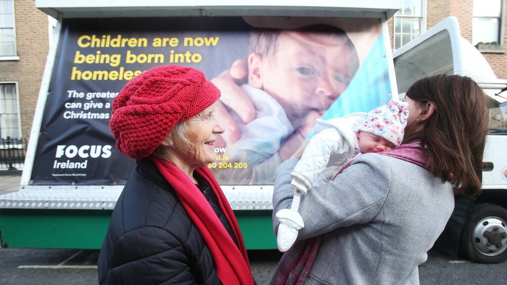 Sr Stan made an urgent appeal for donations as she launched Focus Ireland’s Christmas appeal with the charity’s youngest supporter, 3-week old Amélie Conney, and mother her Aoife who works for the charity. Photograph: Leon Farrell / Photocall Ireland