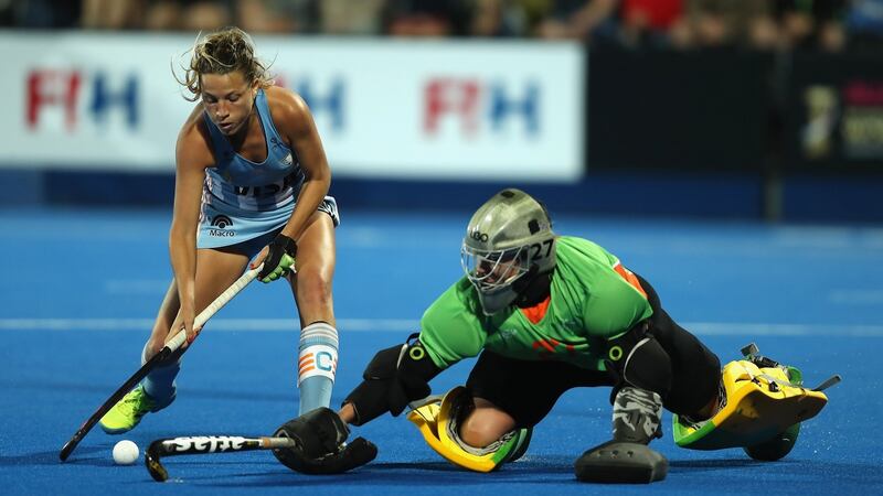 Australian goalkeeper Rachael Lynch saves from Argentina’s Delfina Merino during their World Cup quarter-final penalty shootout. Photograph: Christopher Lee/Getty