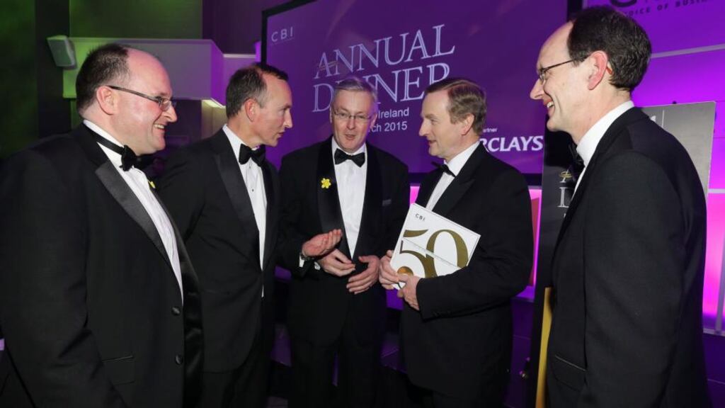 Seán Lavery, tax partner at BDO; Adrian Doran, head of corporate banking at Barclays Northern Ireland; Colin Walsh chairman of CBI Northern Ireland; Taoiseach Enda Kenny; and director general of the CBI John Cridland. Photograph: Kelvin Boyes/Press Eye/PA Wire