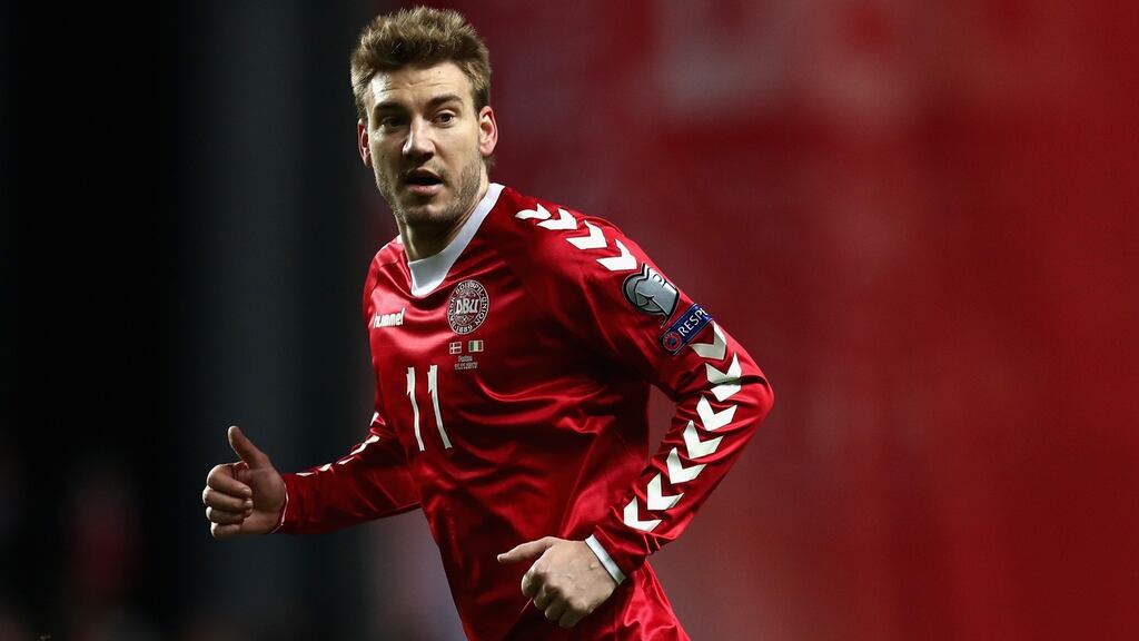 Nicklas Bendtner of Denmark in action against Republic of Ireland at Telia Parken in Copenhagen. Photograph: Catherine Ivill/Getty Images