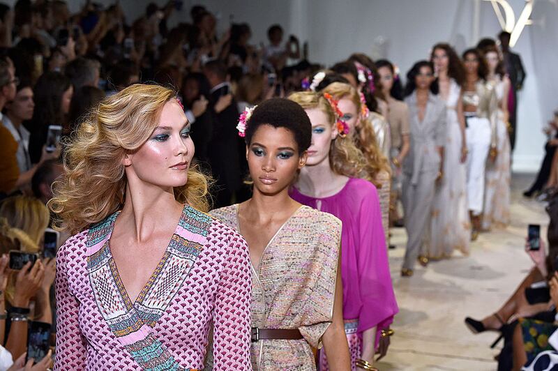 Karlie Kloss leads the runway during the Von Fürstenberg spring 2016 show at New York fashion week. Photograph: Victor Virgile/Gamma-Rapho/Getty Images