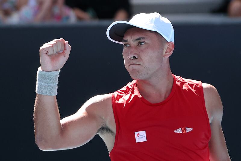 MELBOURNE, AUSTRALIA - JANUARY 16: James McCabe of Australia celebrates a point against Alex Michelsen of the United States in the Men's Singles Second Round match during day five of the 2025 Australian Open at Melbourne Park on January 16, 2025 in Melbourne, Australia. (Photo by Kelly Defina/Getty Images)