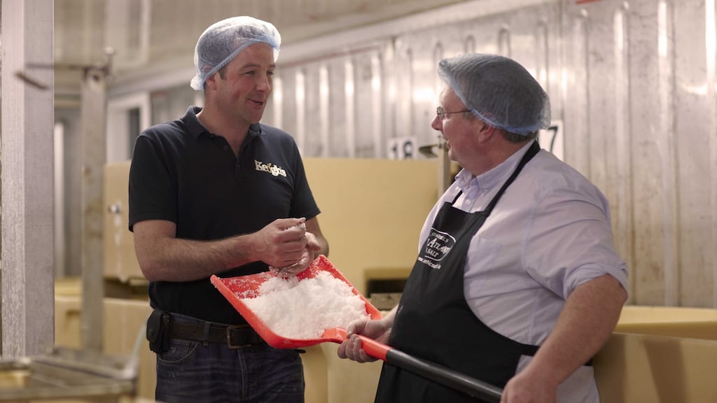 Keoghs Crisps managing director Tom Keogh with supplier Michael O’Neill of O’Neills Irish Atlantic Sea Salt of the Beara Peninsula.