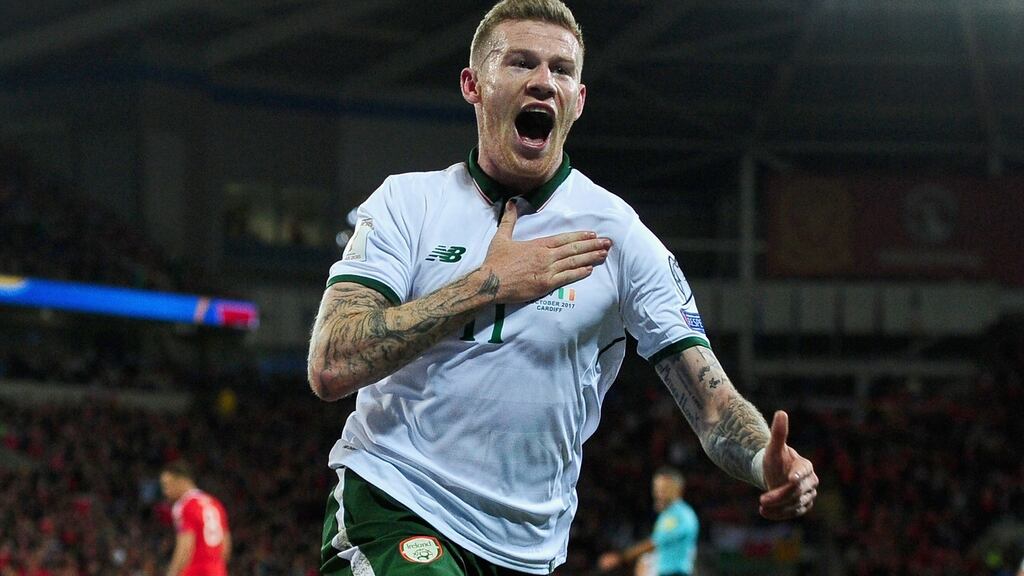 James McClean celebrates after scoring the winning goal in the World Cup qualifier against Wales at Cardiff City Stadium in October. Photograph: Harry Trump/Getty Images