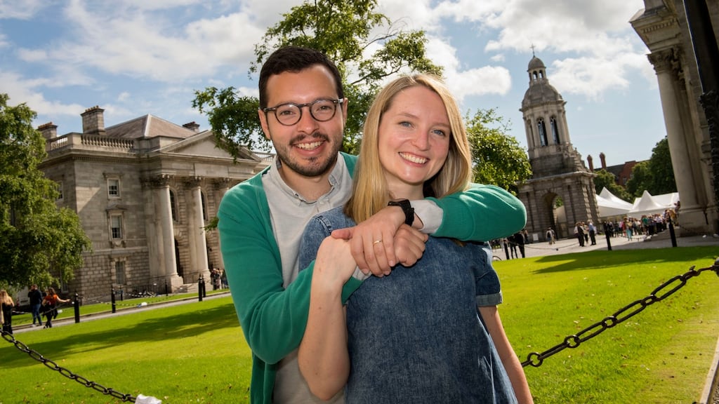 Joseph Abaud from Chile and his wife Nico Ferguson, from Scotland, at Trinity College. Photograph: Dara Mac Dónaill