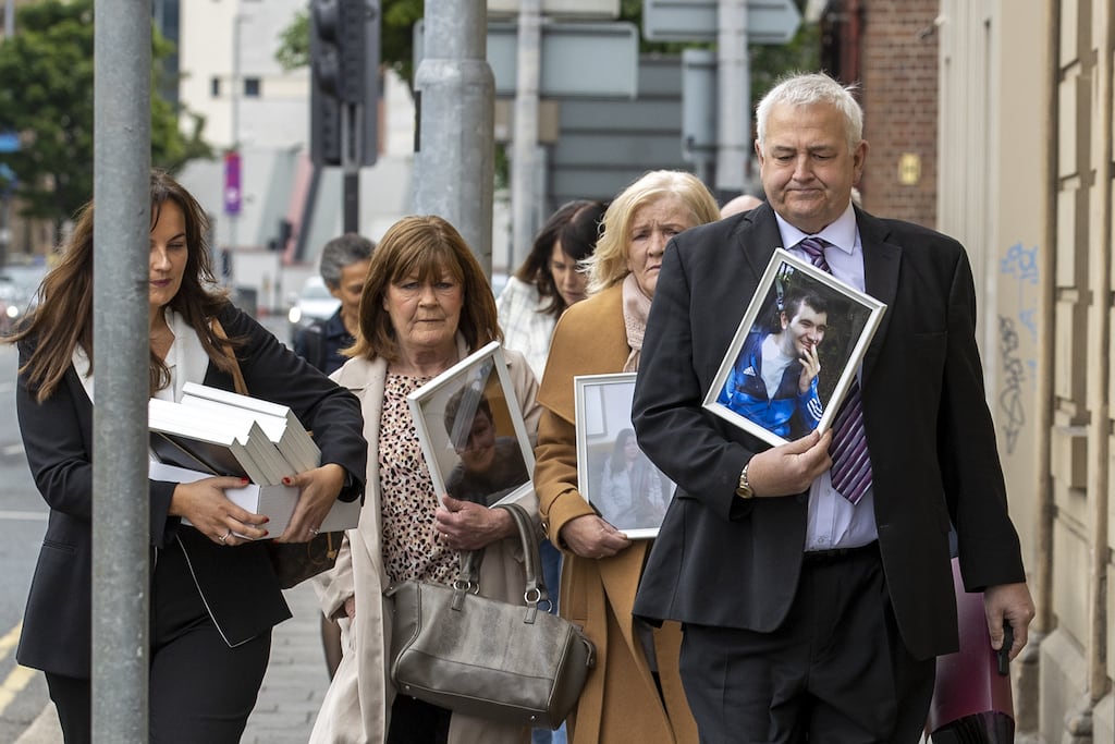 Family and supporters of patients of Muckamore Abbey Hospital outside the Corn Exchange, Cathedral Quarter in Belfast, as public hearings in the Muckamore inquiry got under way earlier this week. Photograph: Liam McBurney/PA