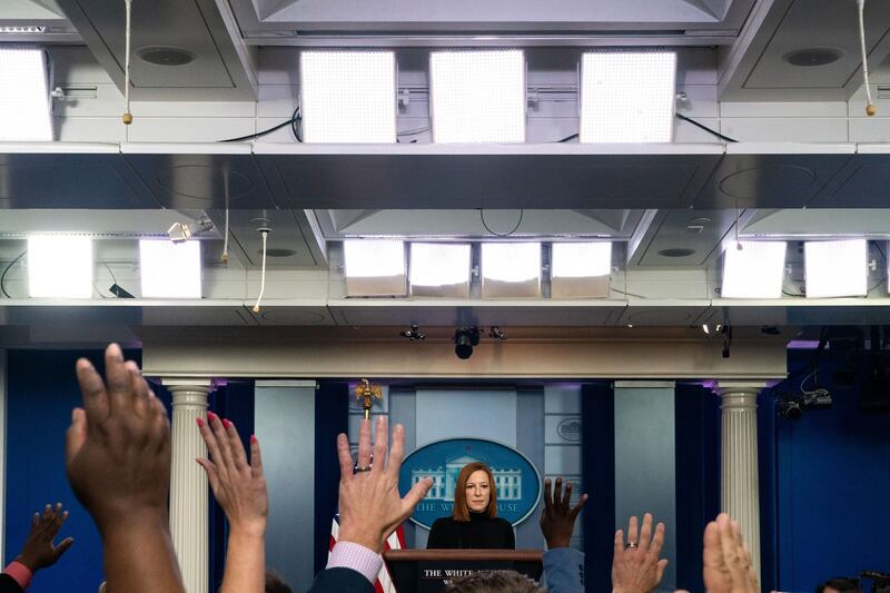 Psaki at a news briefing. Photograph: Peter van Agtmael/New York Times