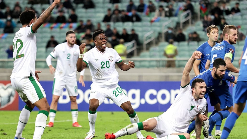 Chiedozie Ogbene celebrates scoring his goal in the game against Azerbaijan. Photograph: Laszlo Geczo/Inpho