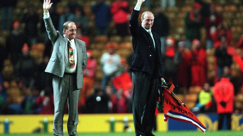Jack Charlton and Maurice Setters wave a final farewell to the Irish fans after the defeat to the Netherlands at Anfield in December 1995. Photograph: James Meehan/Inpho