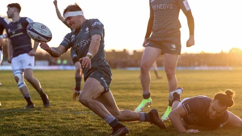 Connacht’s John Porch celebrates scoring the opening try of their Round of 16 first leg against Leinster. Photograph: Dan Sheridan/Inpho