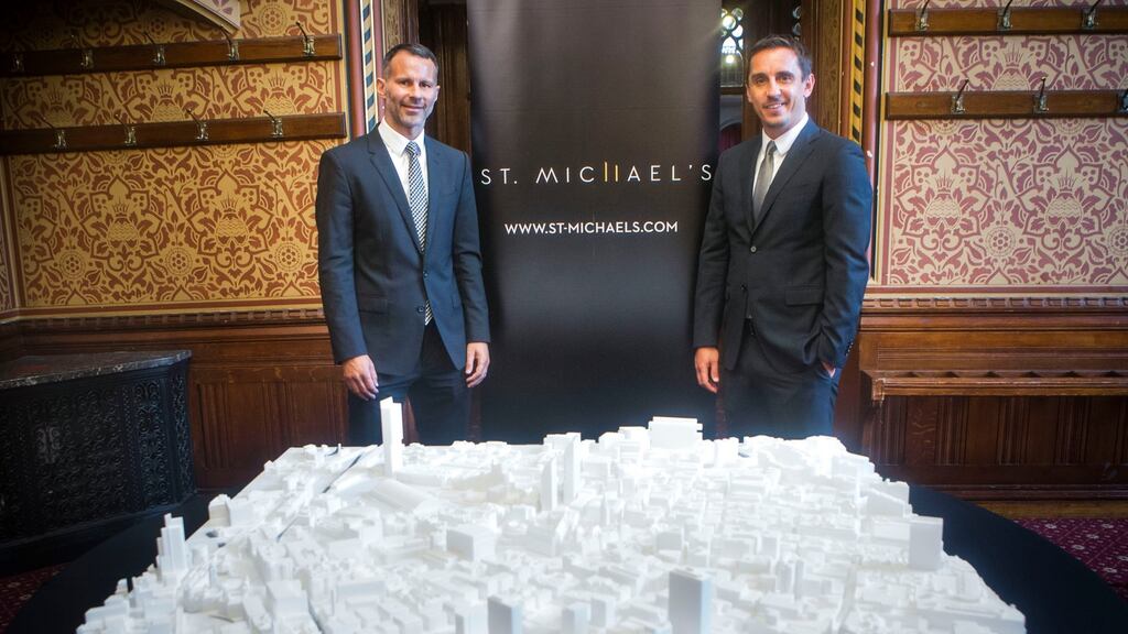 Ryan Giggs (left) and Gary Neville with their multimillion-pound plans to build two new skyscrapers in Manchester. Photograph: Danny Lawson/PA Wire