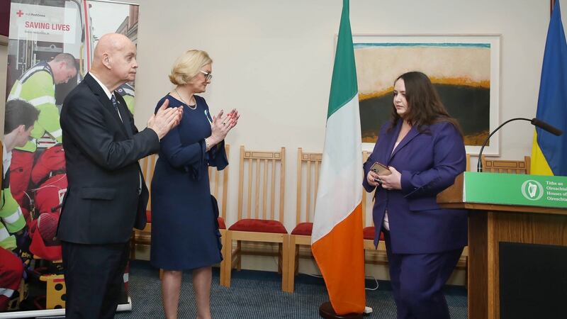 Irish Red Cross chairman Pat Carey, Independent Senator Sharon Keogan and Ukrainian ambassador Larysa Gerasko in Leinster House. Photograph: John McElroy