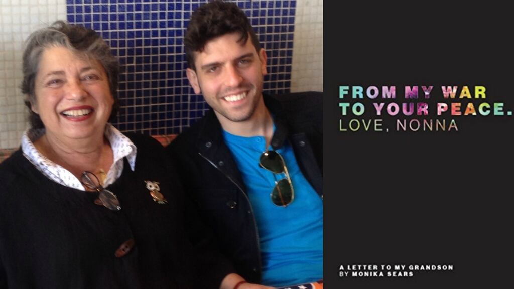 Monika Sears with her grandson Edoardo: “When Edoardo was born, I watched as my grandson in a basket next to his mother, was brought home, his quiet, warm country home with no rat or gun in sight. I decided to write him a letter, for him to read when he was older”