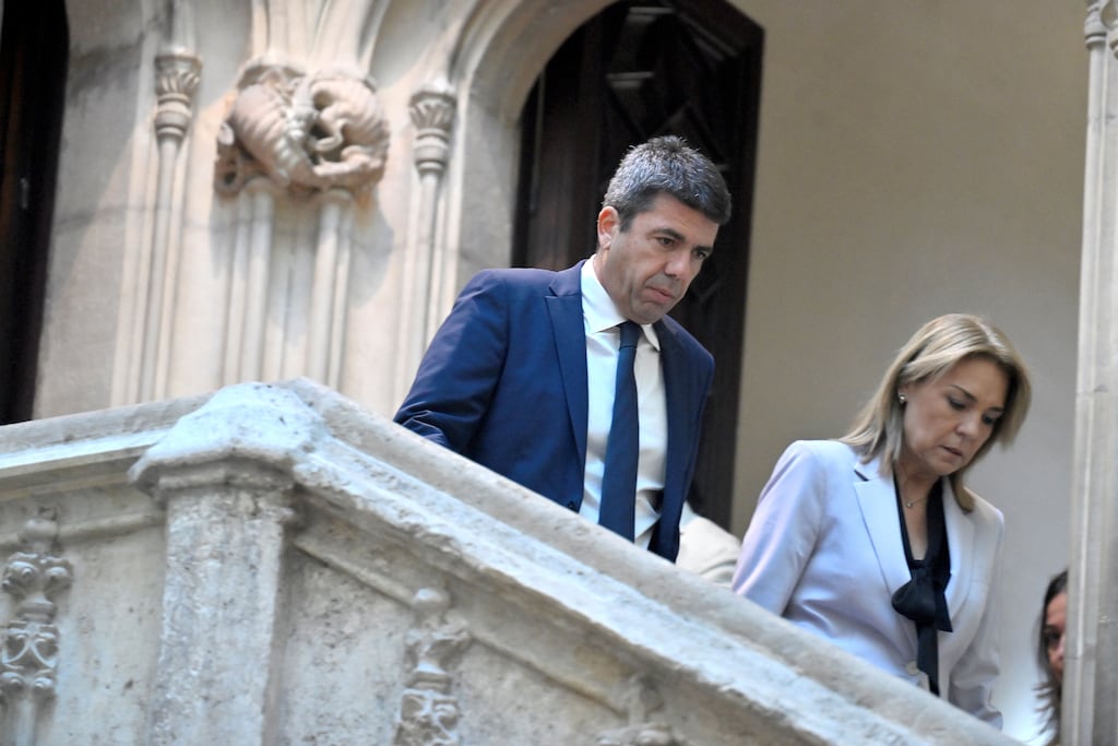 President of Valencia's region Carlos Mazon flanked by vice-president Susana Camarero (right), leaves after a press conference to announce his resignation at Valencia's Palau de la Generalitat on November 3rd. Photograph: Jose Jordan/AFP via Getty