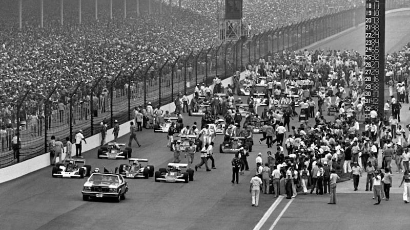 Actor James Garner drives the pace car as the field begins to roll away from the grid before the start of the 1977 Indianapolis 500. Photograph: Bob Harmeyer/Archive Photos/Getty Images