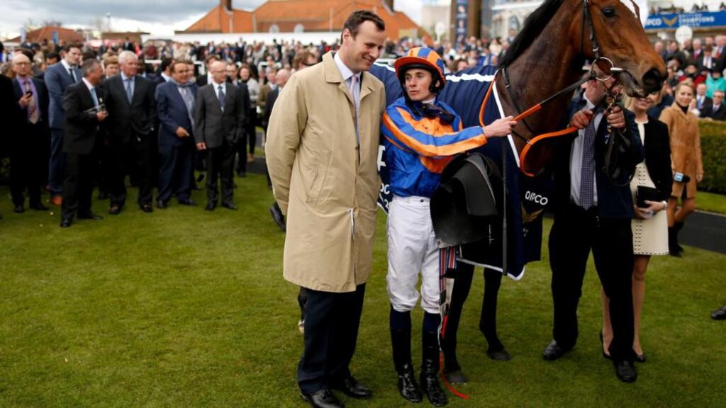 Trainer David Wachman  with Ryan Moore after he rode Legatissimo to win The Qipco 1000 Guineas Stakes at Newmarket. Photograph: Alan Crowhurst/Getty Images