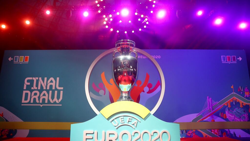 The European Championship trophy ahead of the draw in Bucharest in 2019. Photo: Dean Mouhtaropoulos/Getty Images