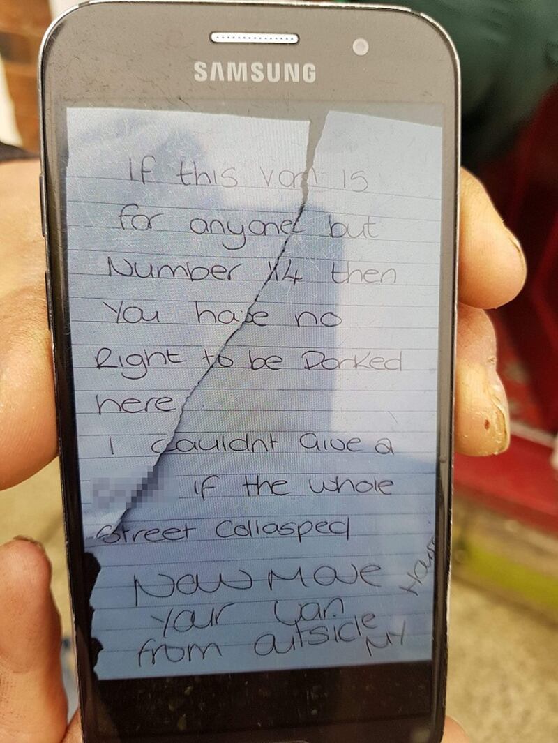 A photograph of the note found on the windscreen of an ambulance parked in a residential street in Stoke-on-Trent. Photograph: West Midlands Ambulance Service/PA Wire