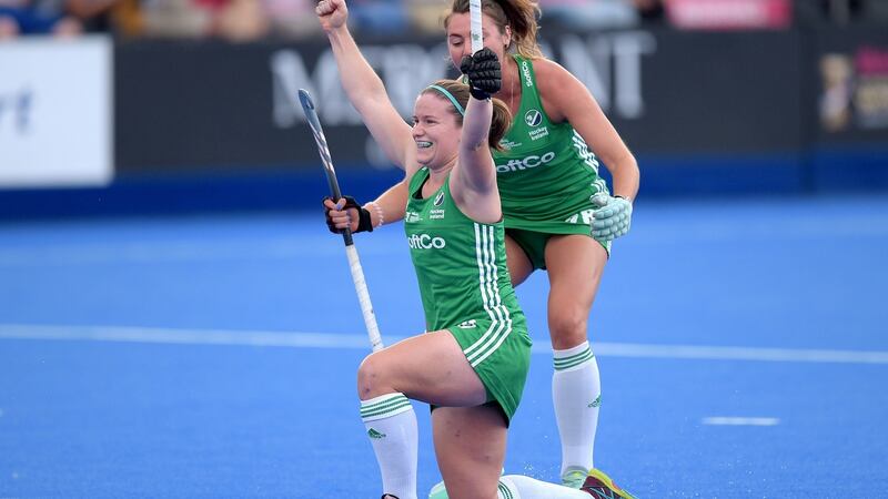 Shirley McCay of Ireland celebrates her goal with Deirdre Duke. Photograph: Joe Toth/Inpho