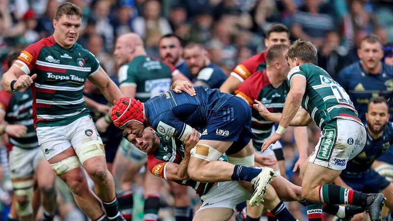Leinster’s Josh van der Flier is tackled by Freddie Stewart of Leicester Tigers during the  Heineken Champions Cup quarter-final at  Welford Road. Photograph: Evan Treacy/Inpho