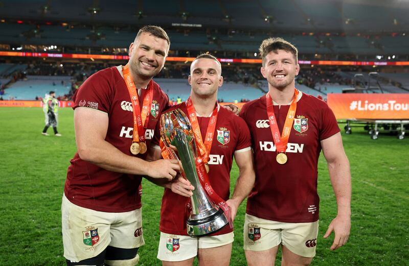 Lions forwards Tadhg Beirne, Ben Earl and Tom Curry after the third Test against the Wallabies. Photograph: David Rogers/Getty Images