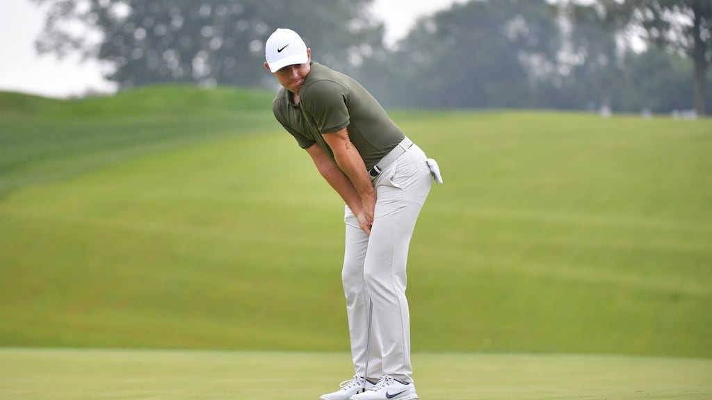 Rory McIlroy reacts to a missed putt on the eighth green during the second round of the BMW Championship at Aronimink Golf Club in Newtown Square, Pennsylvania. Photo: Drew Hallowell/Getty Images