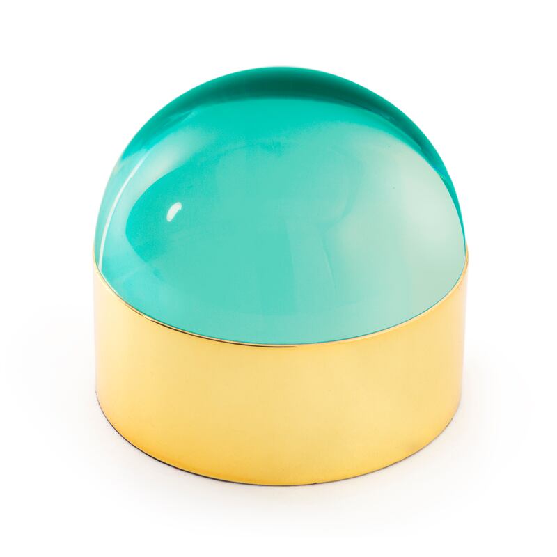 Jonathan Adler’s green semi-spherical ‘Globo’ acrylic-and-brass boxes (large, €395) from Louise Kennedy